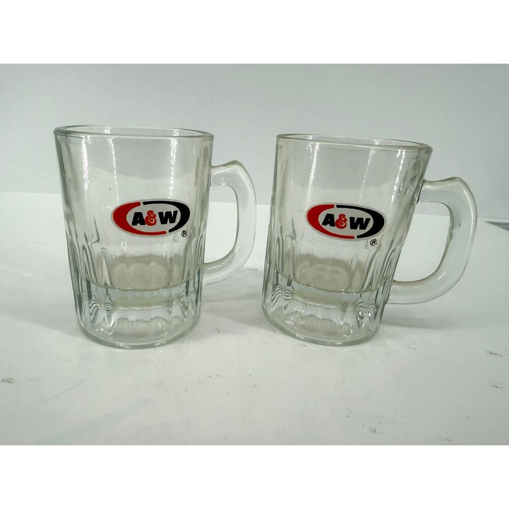 A&W Root Beer Mini Baby Mugs Set Of 2 Clear Glass Logo Child Cups Vintage